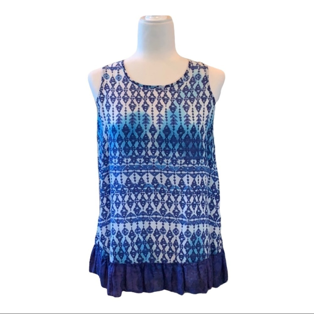 BLL Blue Geometric Print Top w/Bottom Ruffle & Split Hem Detail S